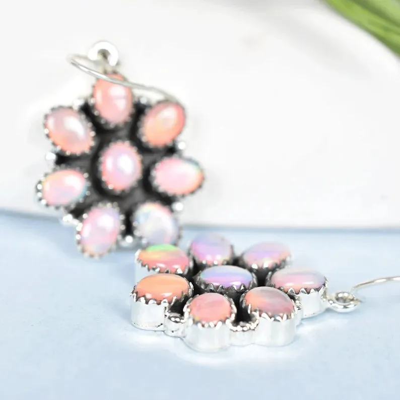Native American Aurora Opal Cluster Earrings For Women - 925 Sterling Silver Earrings