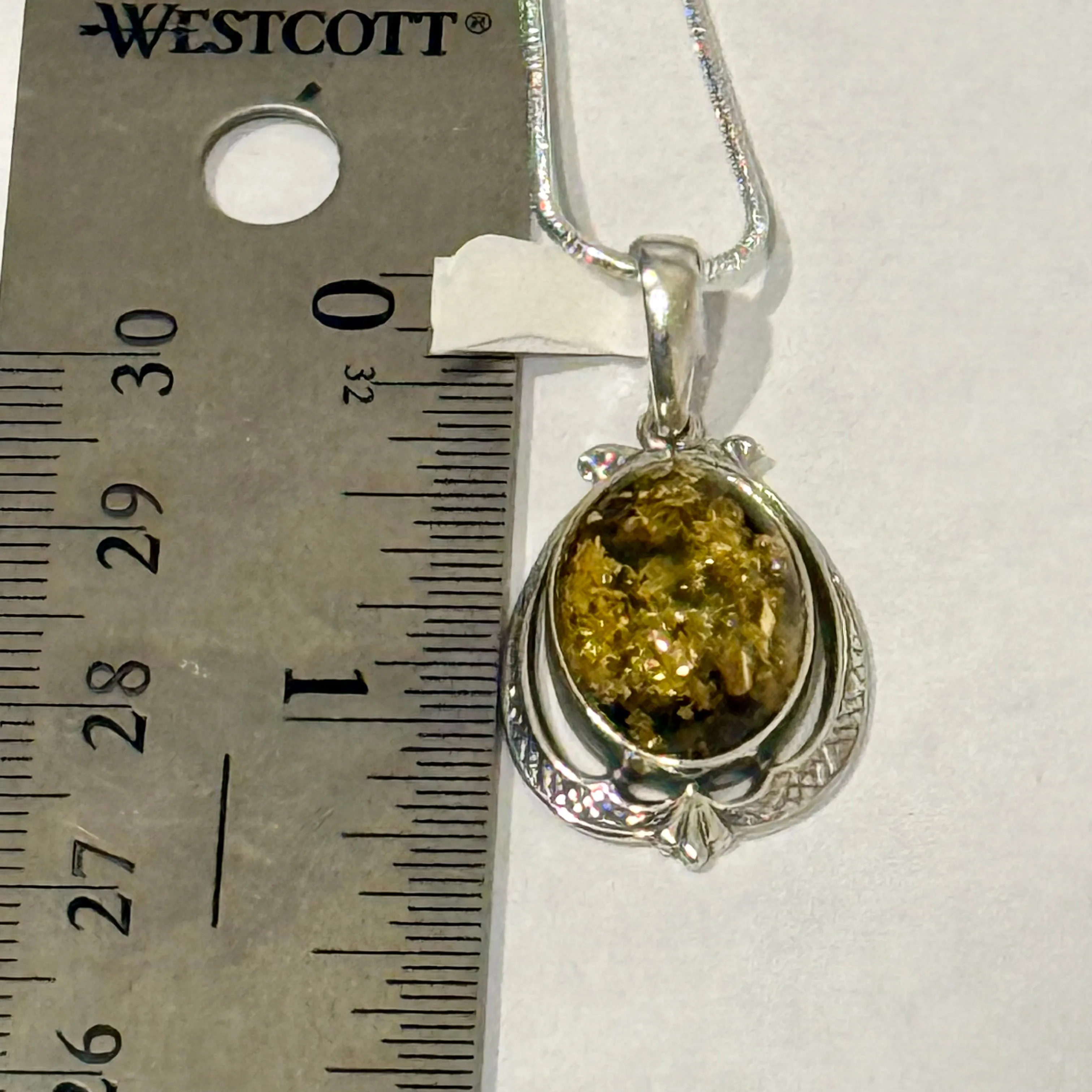 Natural Green Baltic Amber Oval Framed Pendant Necklace Sterling Silver New