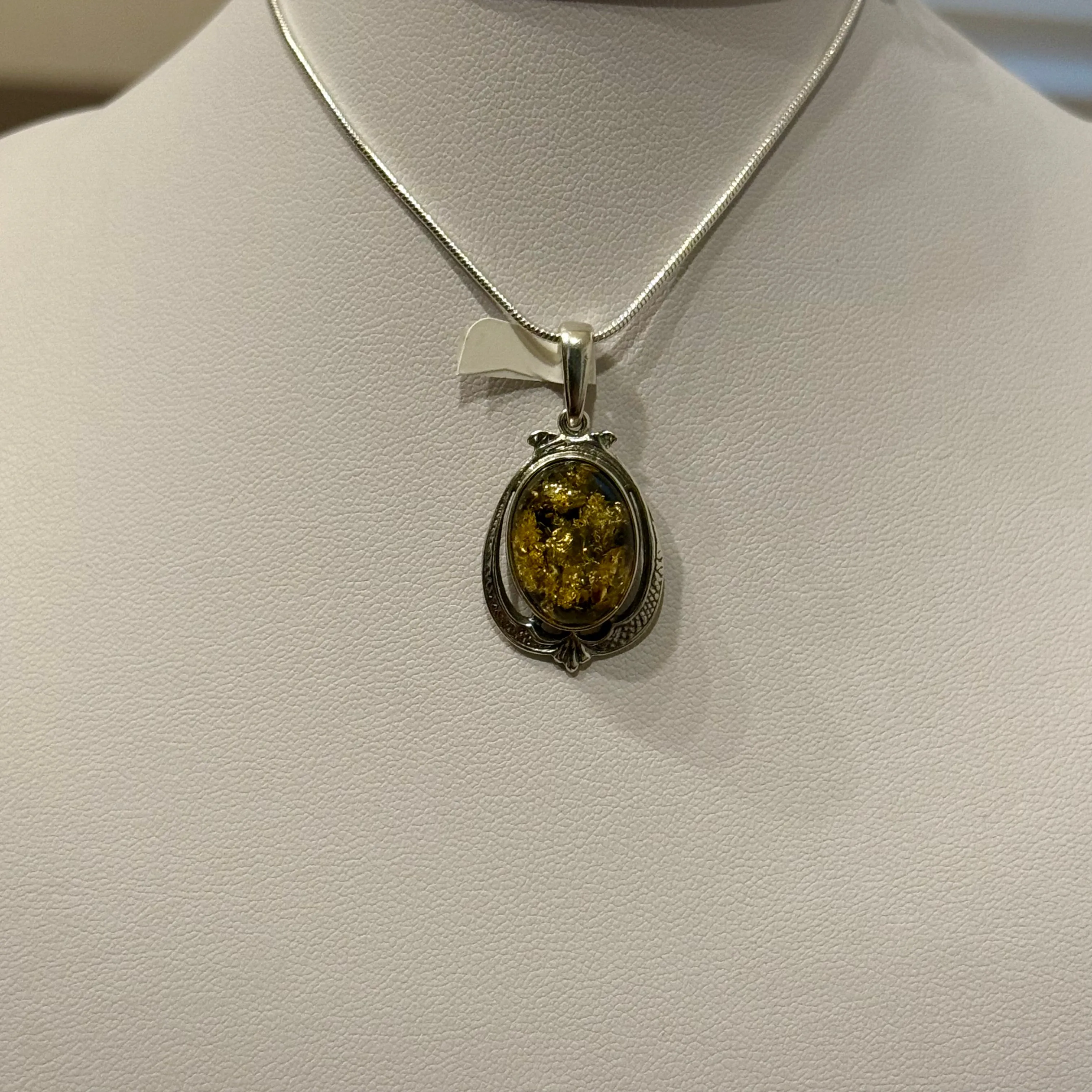 Natural Green Baltic Amber Oval Framed Pendant Necklace Sterling Silver New