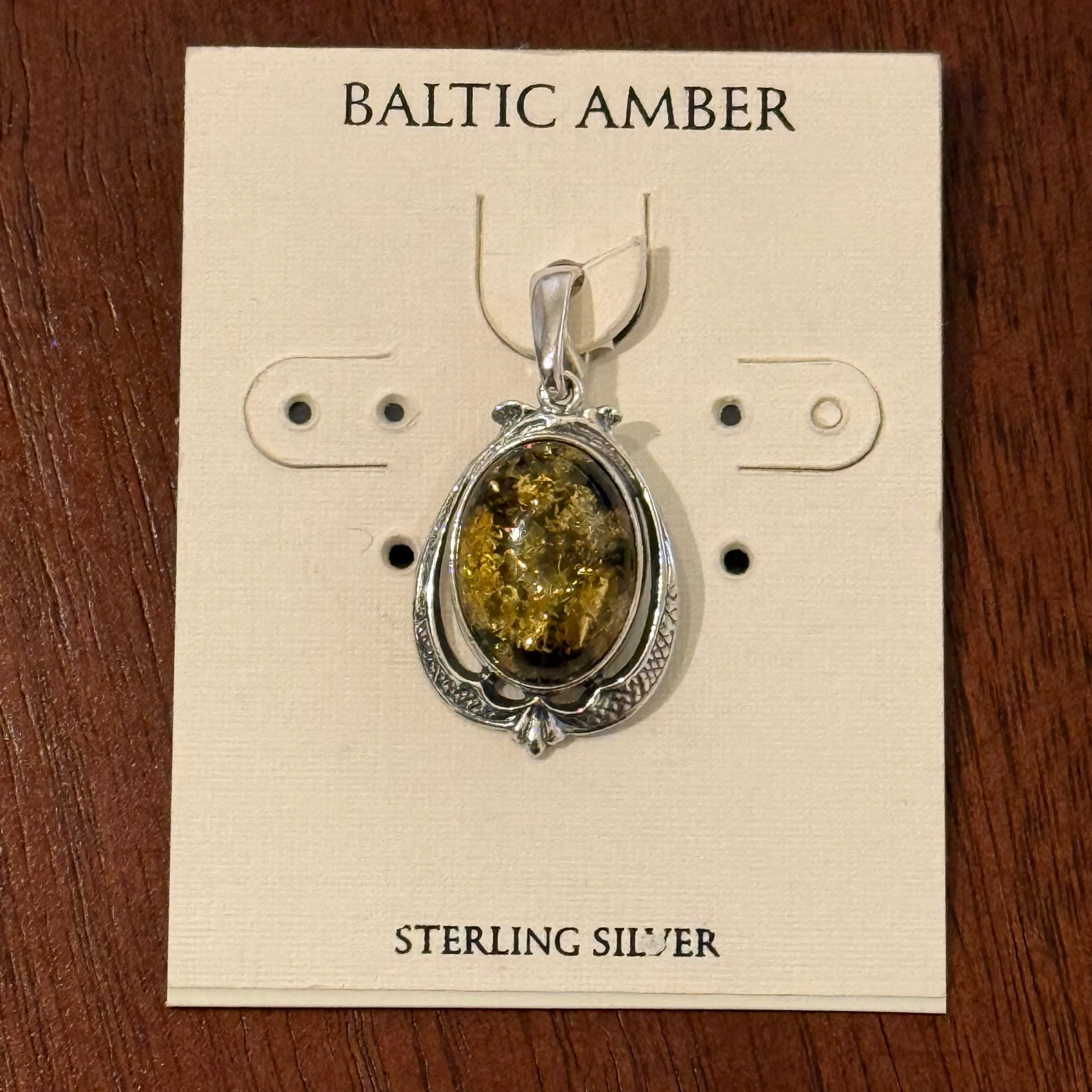 Natural Green Baltic Amber Oval Framed Pendant Necklace Sterling Silver New
