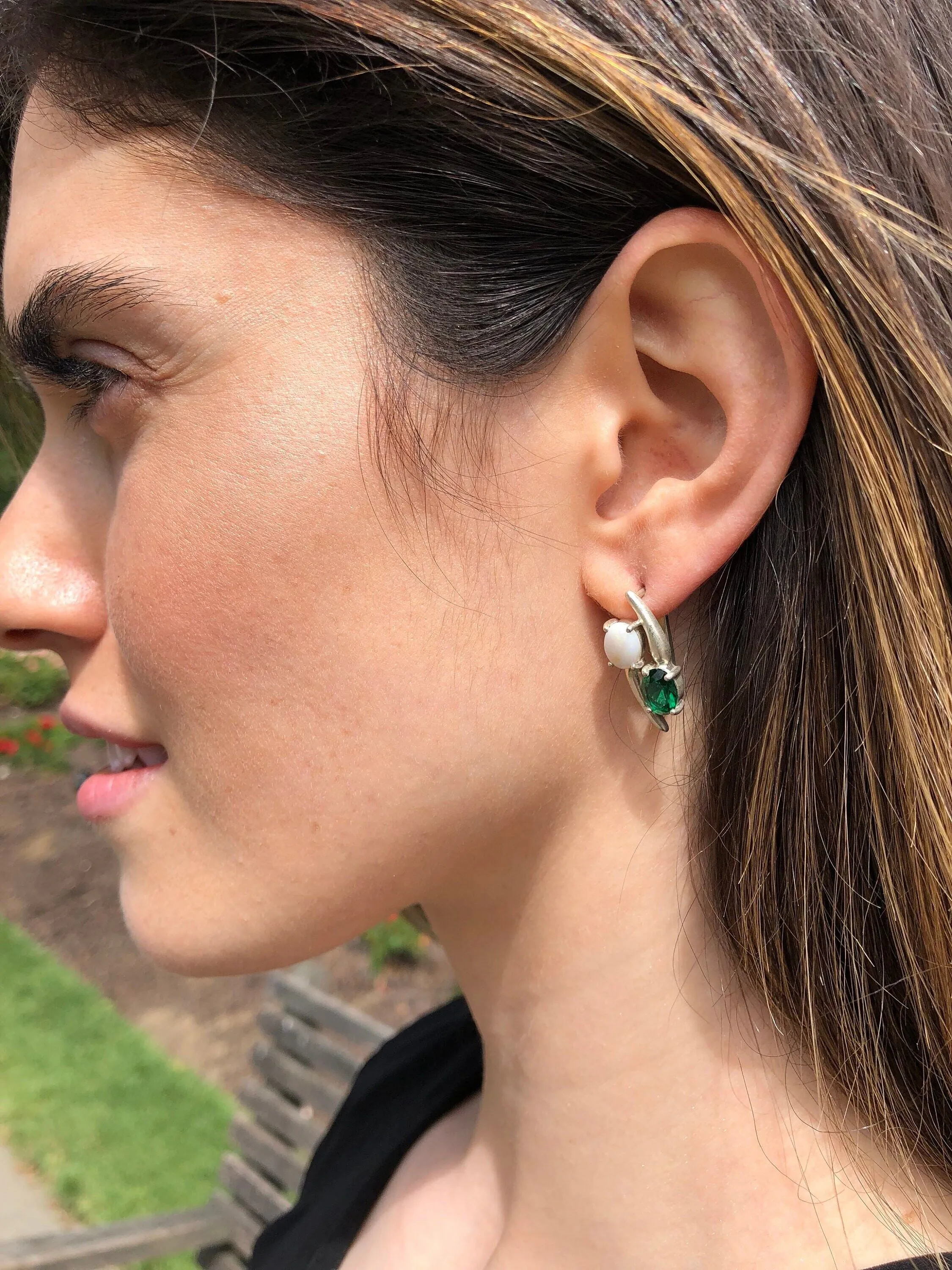 Opal and Emerald Earrings - Two Stone Earrings - Long Emerald Earrings