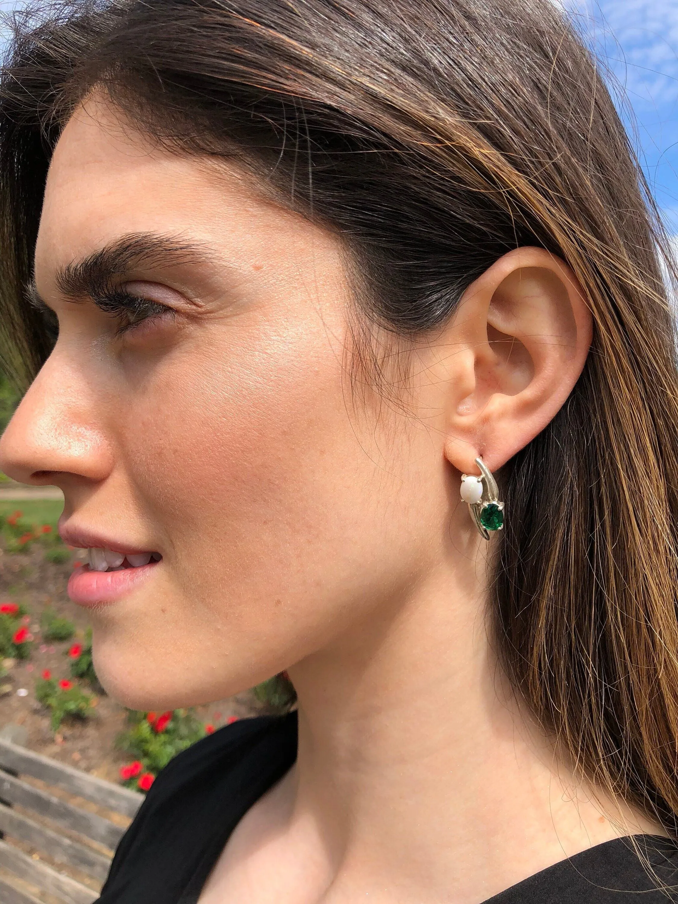 Opal and Emerald Earrings - Two Stone Earrings - Long Emerald Earrings