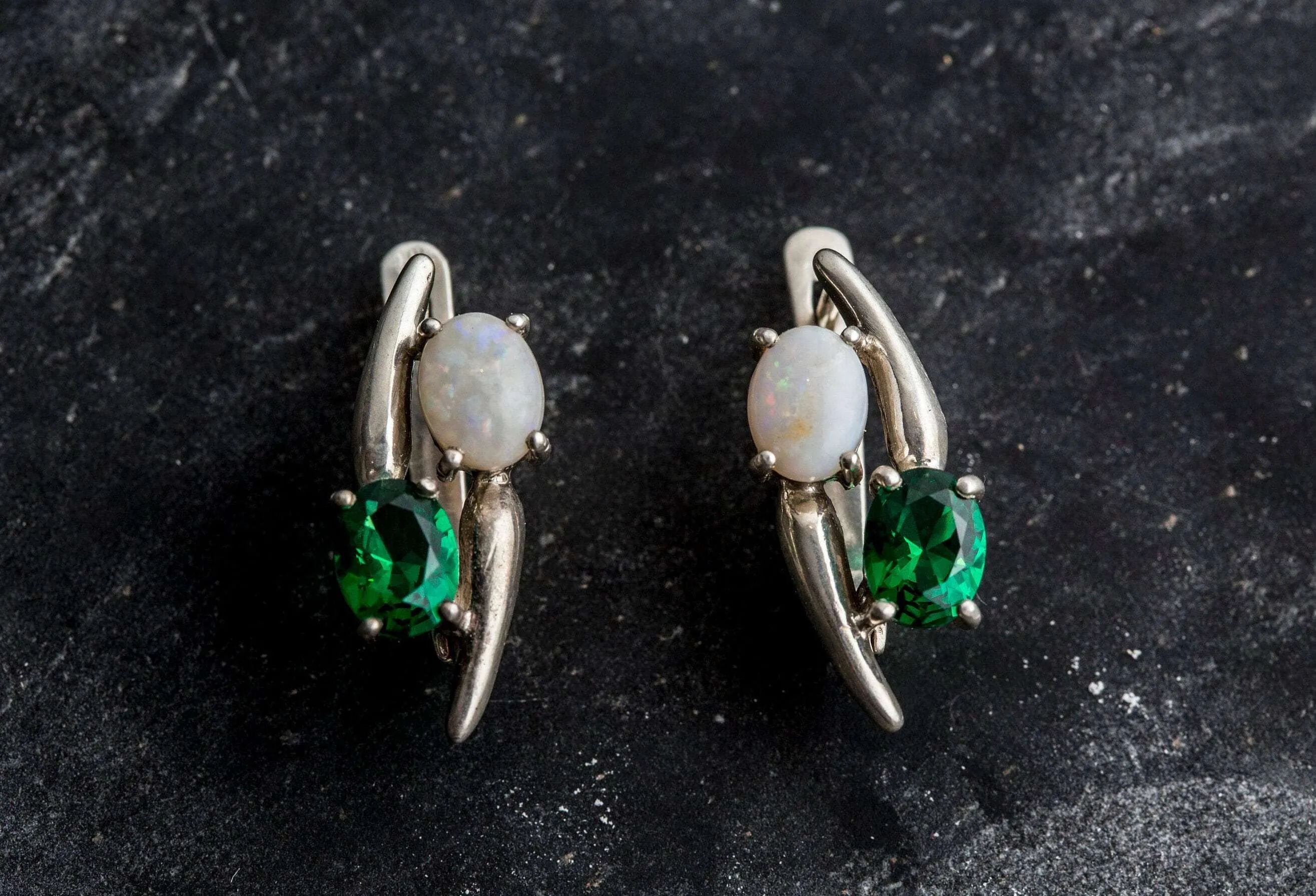 Opal and Emerald Earrings - Two Stone Earrings - Long Emerald Earrings