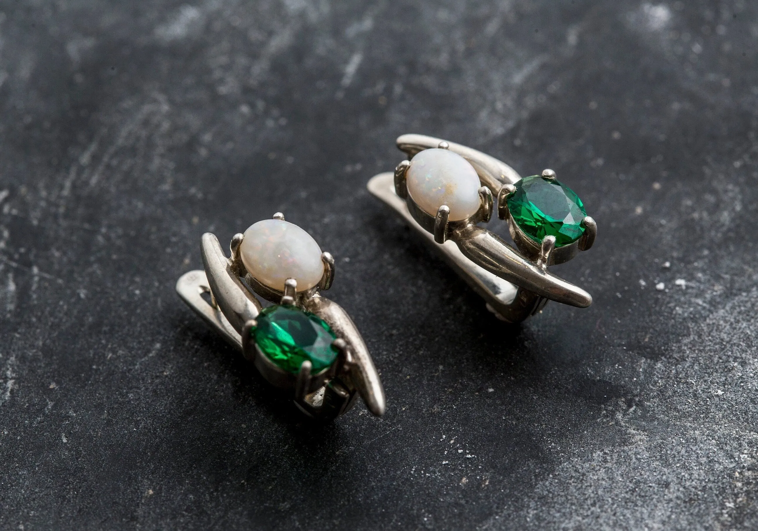 Opal and Emerald Earrings - Two Stone Earrings - Long Emerald Earrings