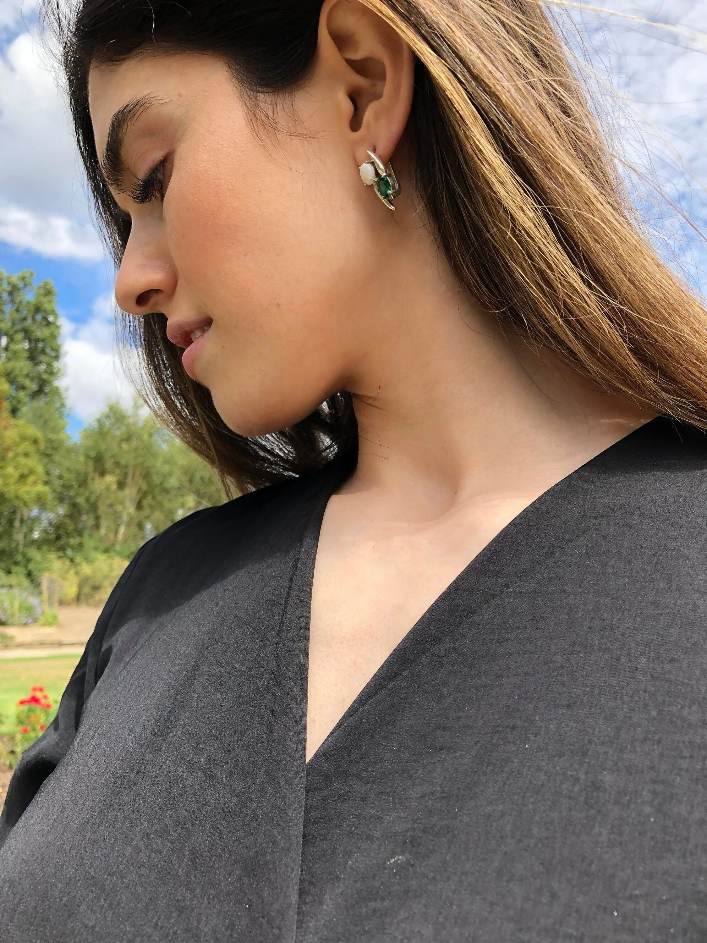 Opal and Emerald Earrings - Two Stone Earrings - Long Emerald Earrings
