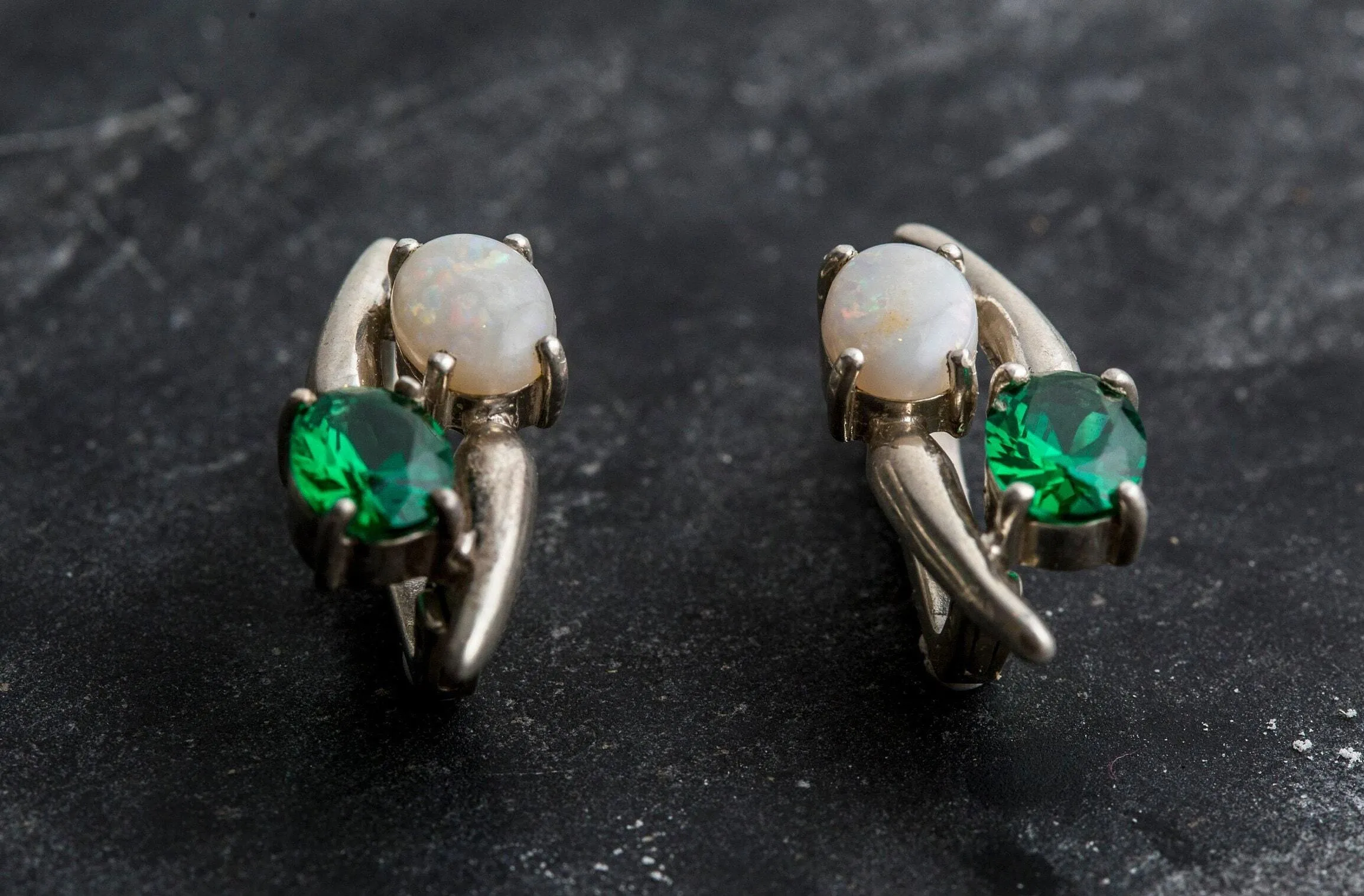 Opal and Emerald Earrings - Two Stone Earrings - Long Emerald Earrings