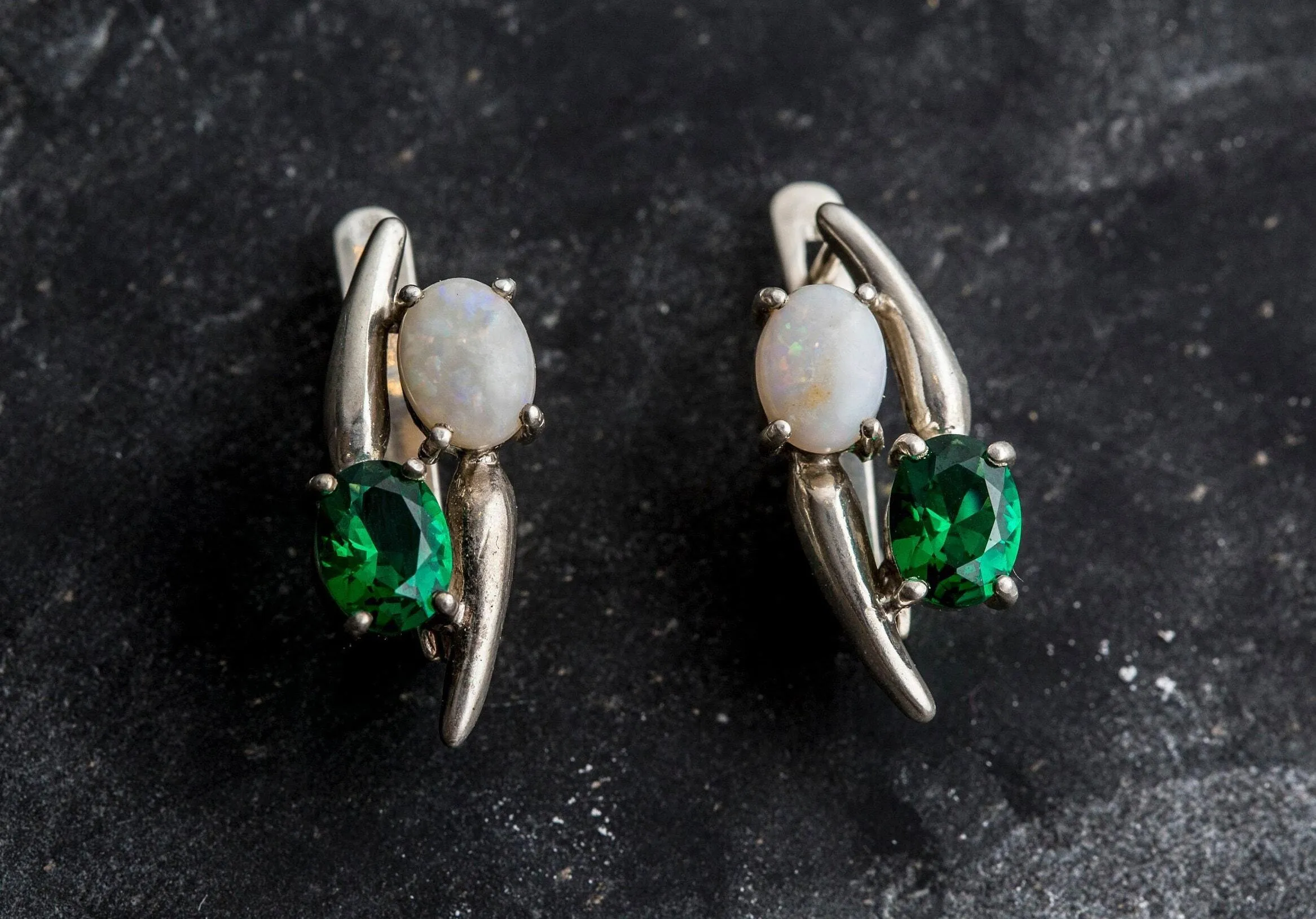 Opal and Emerald Earrings - Two Stone Earrings - Long Emerald Earrings