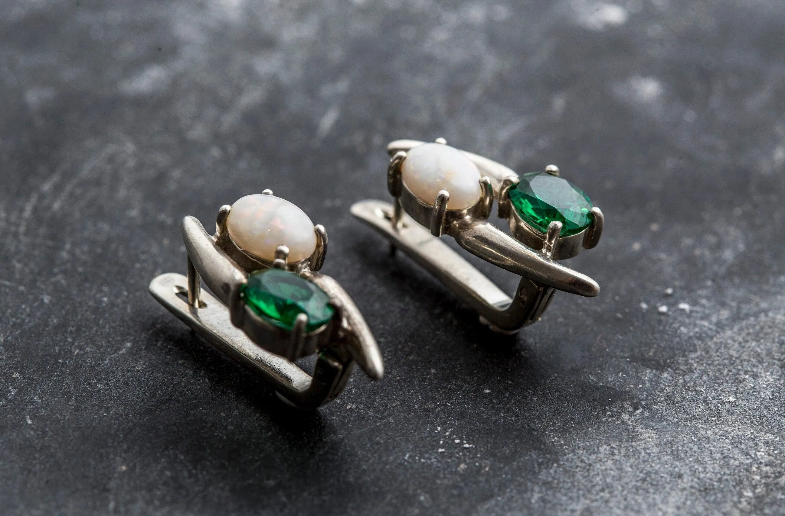 Opal and Emerald Earrings - Two Stone Earrings - Long Emerald Earrings