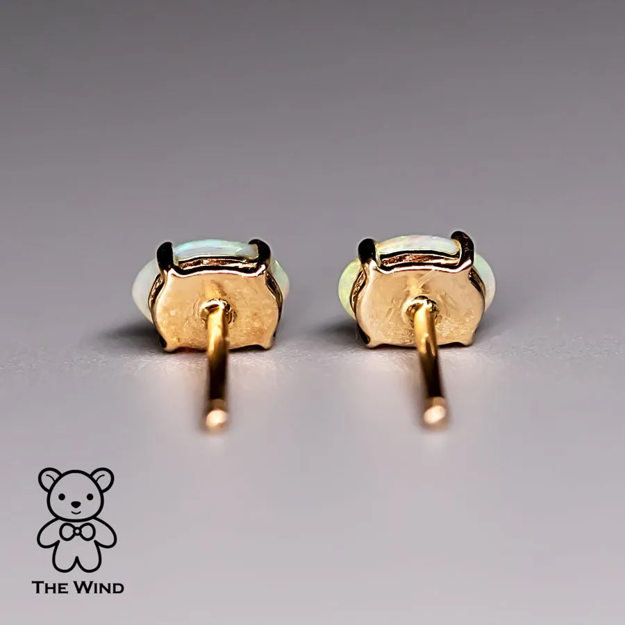 Oval Shaped Australian Solid Opal Stud Earrings 14K Yellow Gold