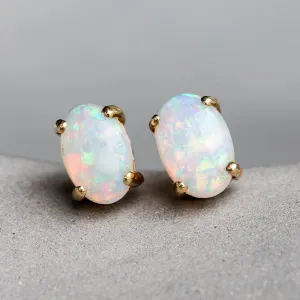 Oval Shaped Australian Solid Opal Stud Earrings 14K Yellow Gold