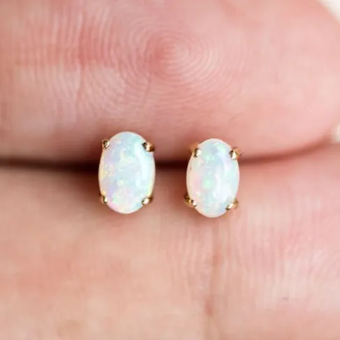 Oval Shaped Australian Solid Opal Stud Earrings 14K Yellow Gold
