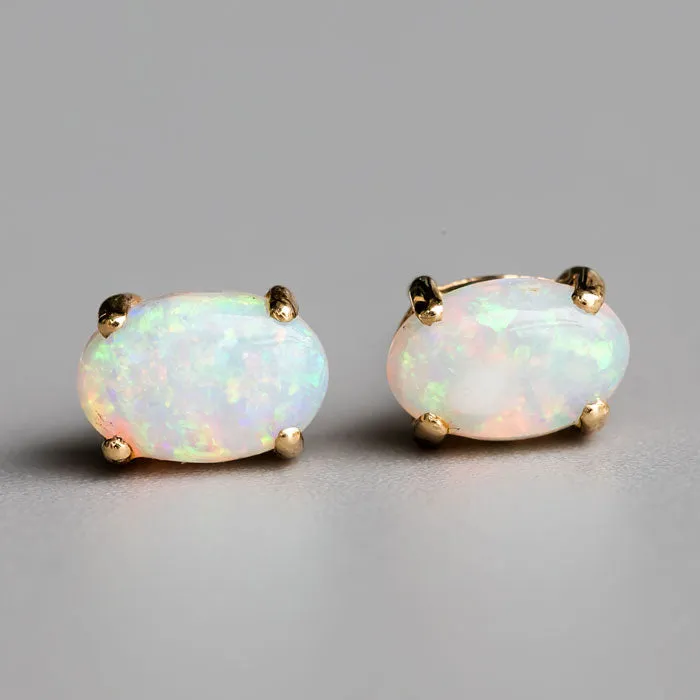 Oval Shaped Australian Solid Opal Stud Earrings 14K Yellow Gold