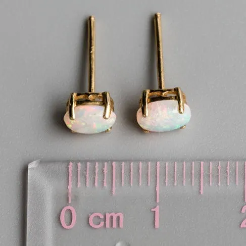 Oval Shaped Australian Solid Opal Stud Earrings 14K Yellow Gold