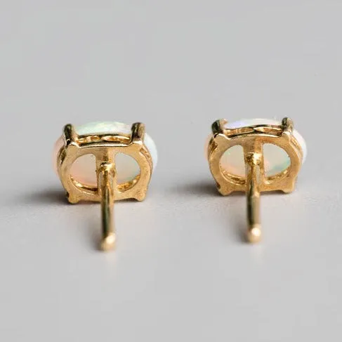Oval Shaped Australian Solid Opal Stud Earrings 14K Yellow Gold