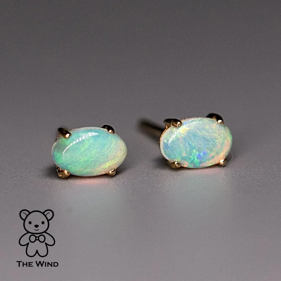 Oval Shaped Australian Solid Opal Stud Earrings 14K Yellow Gold