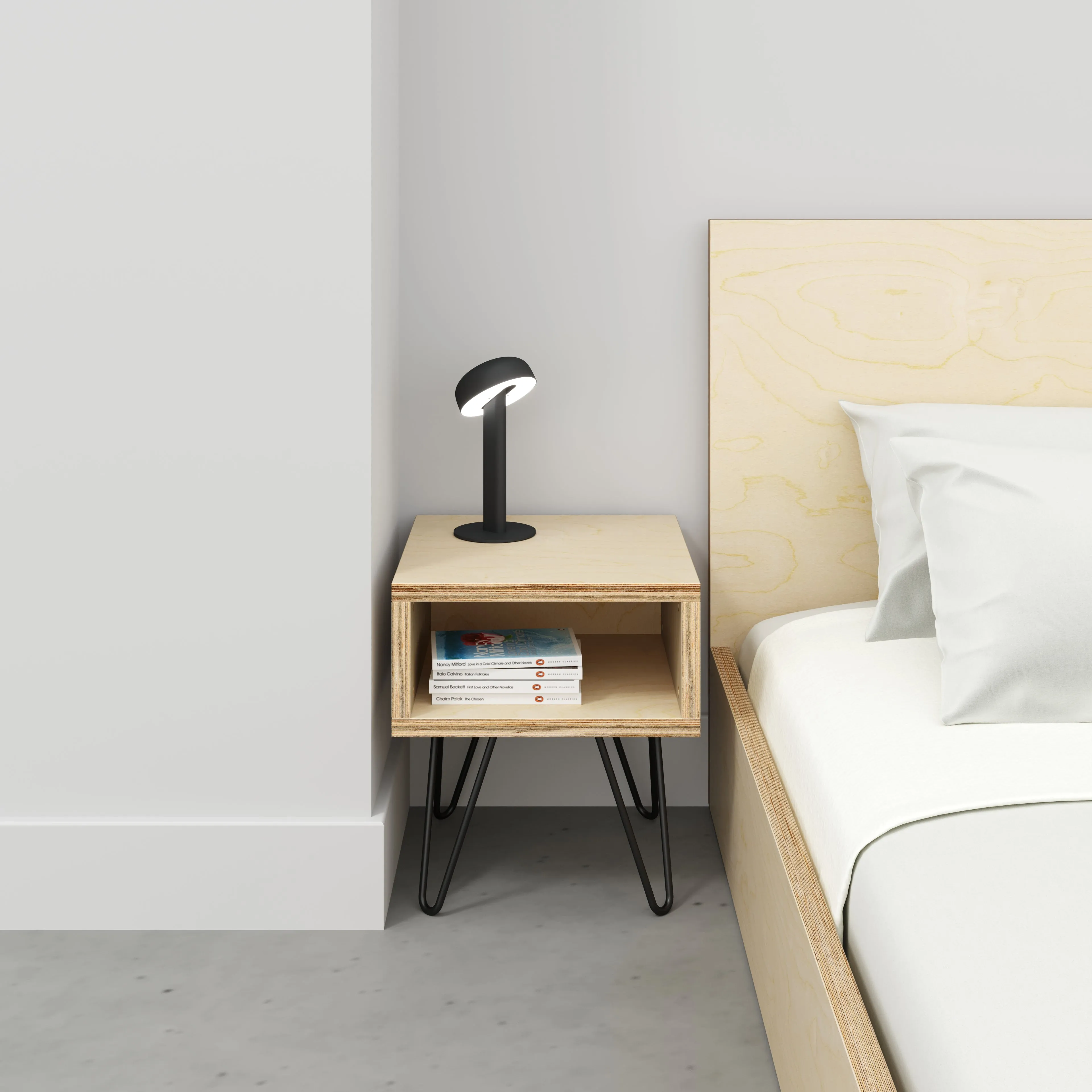 Plywood Bedside Table with Box Storage and Black Hairpin Legs - Plywood Birch - 400(w) x 400(d) x 450(h)