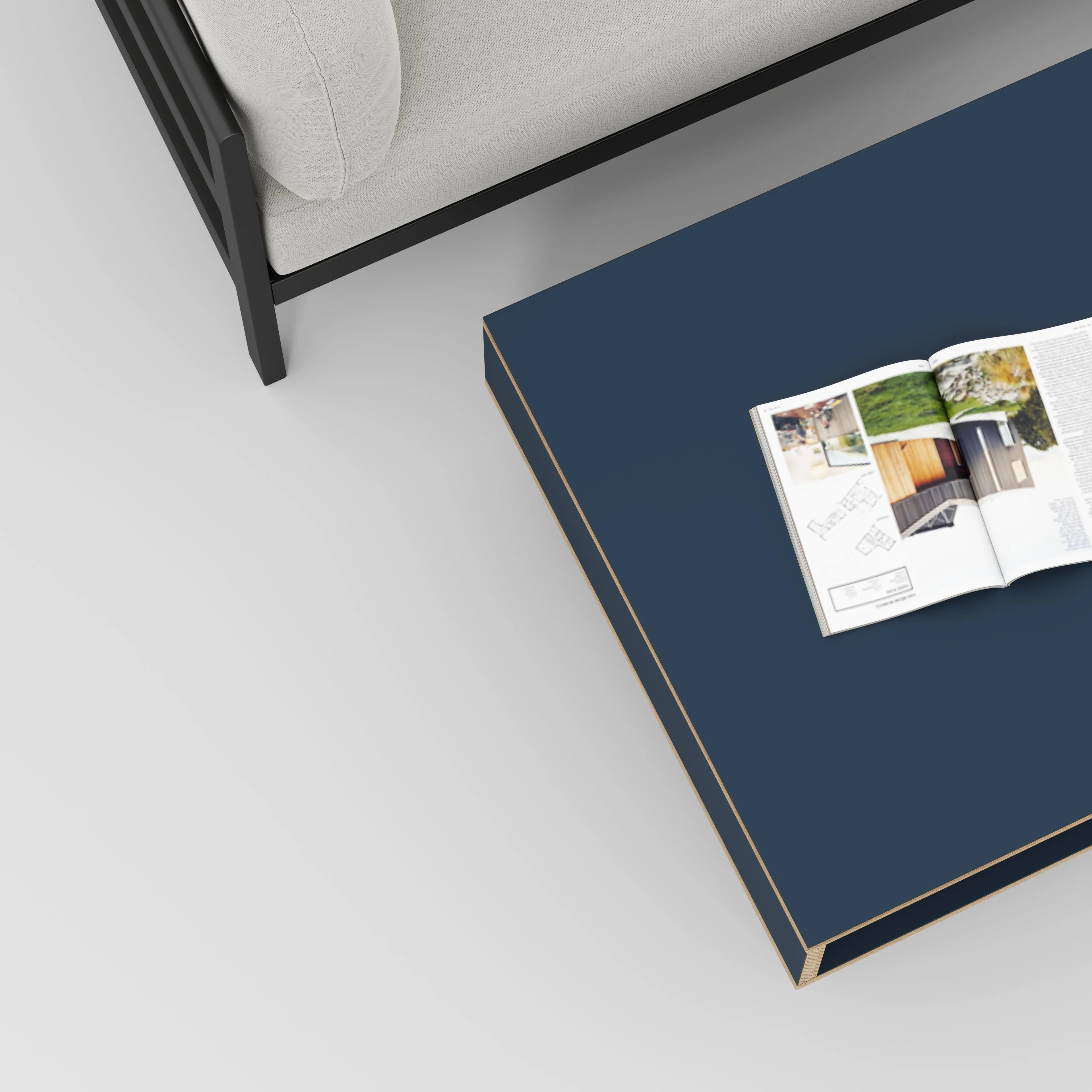 Plywood Coffee Table with Box Storage and Black Hairpin Legs - Formica Night Sea Blue - 800(w) x 800(d) x 400(h)