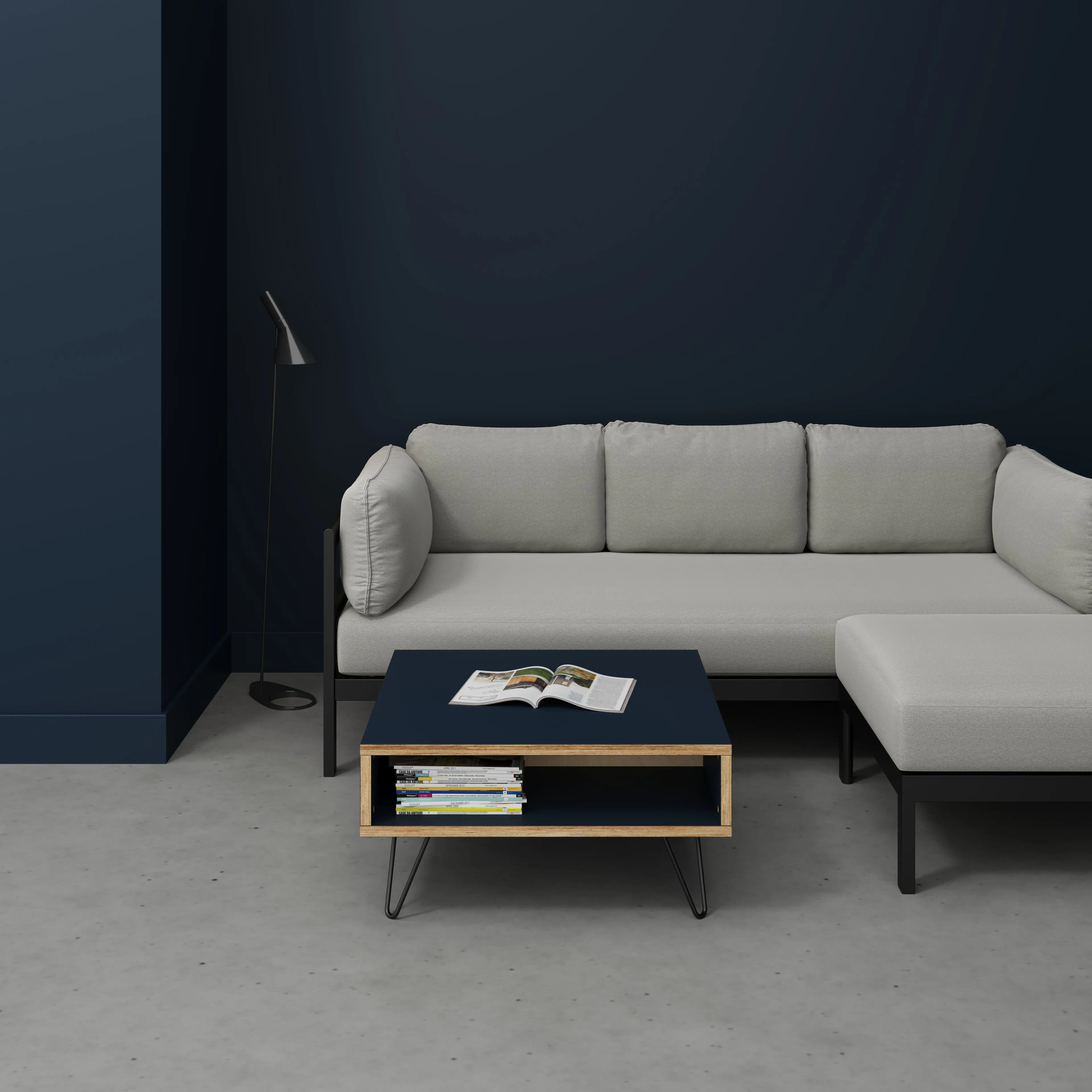 Plywood Coffee Table with Box Storage and Black Hairpin Legs - Formica Night Sea Blue - 800(w) x 800(d) x 400(h)
