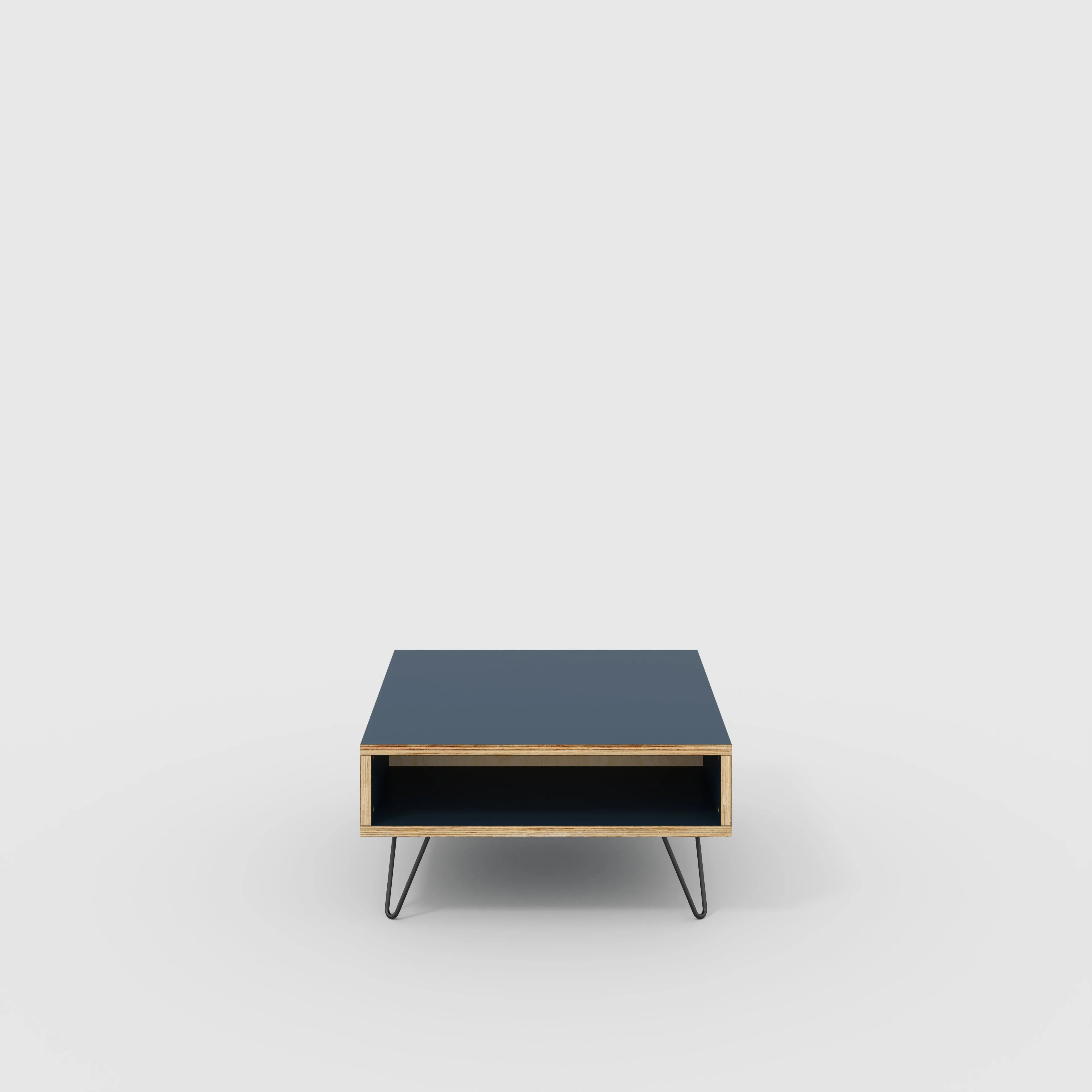 Plywood Coffee Table with Box Storage and Black Hairpin Legs - Formica Night Sea Blue - 800(w) x 800(d) x 400(h)