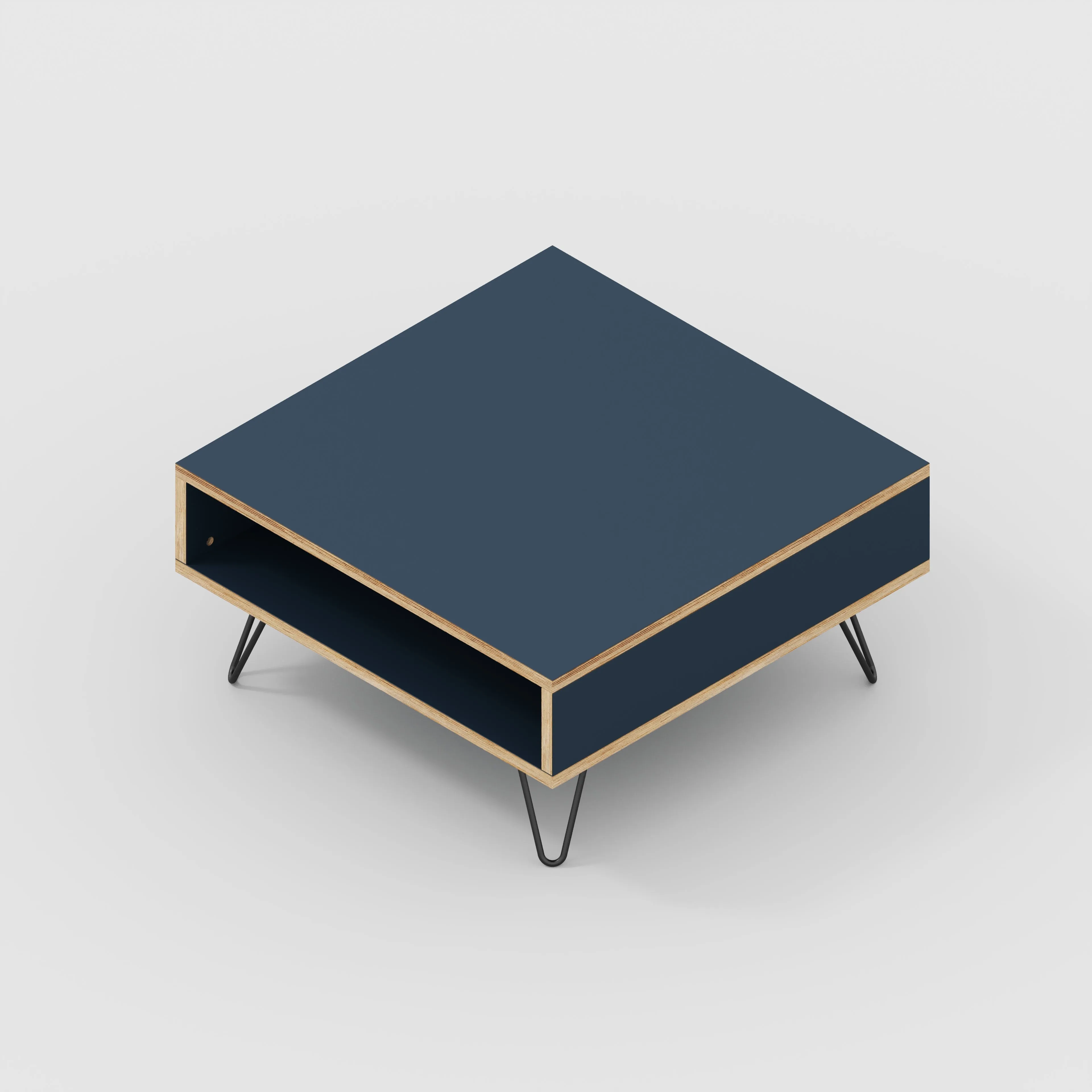 Plywood Coffee Table with Box Storage and Black Hairpin Legs - Formica Night Sea Blue - 800(w) x 800(d) x 400(h)