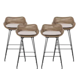 Pondway Outdoor Wicker and Iron Barstools with Cushion, Set of 4