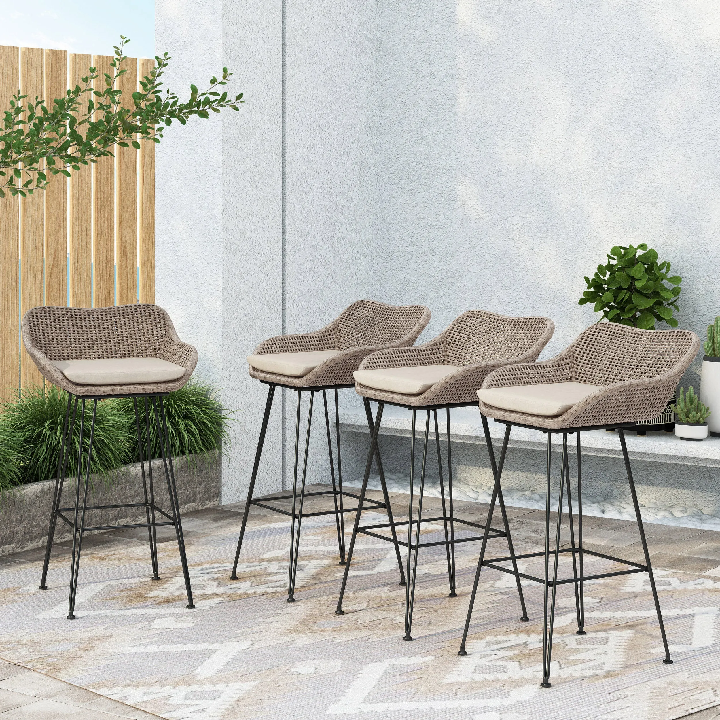 Pondway Outdoor Wicker and Iron Barstools with Cushion, Set of 4