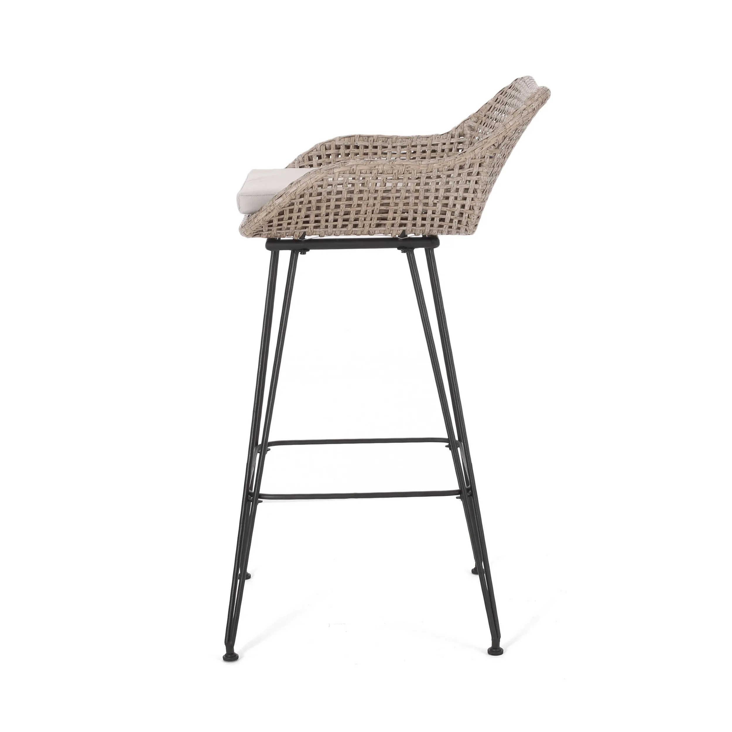 Pondway Outdoor Wicker and Iron Barstools with Cushion, Set of 4