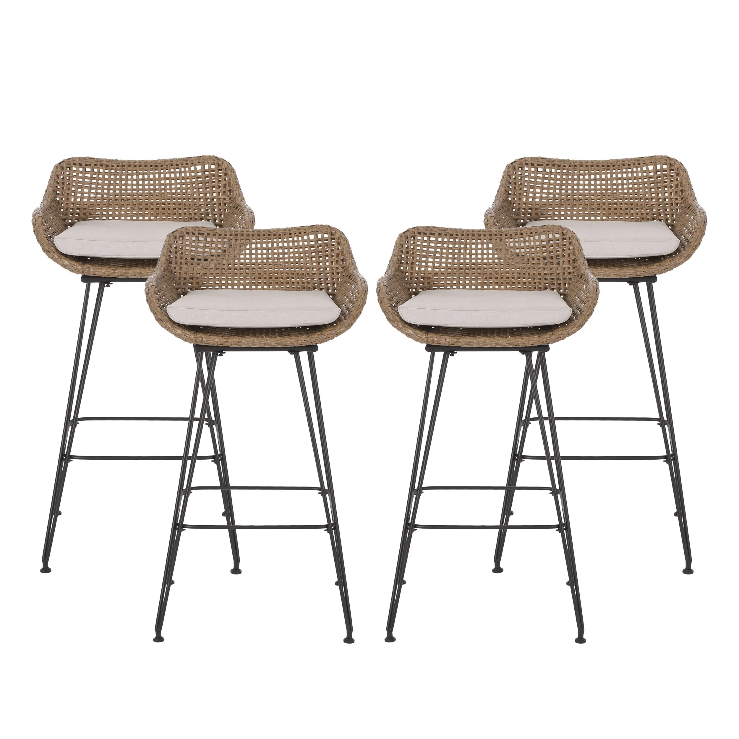 Pondway Outdoor Wicker and Iron Barstools with Cushion, Set of 4