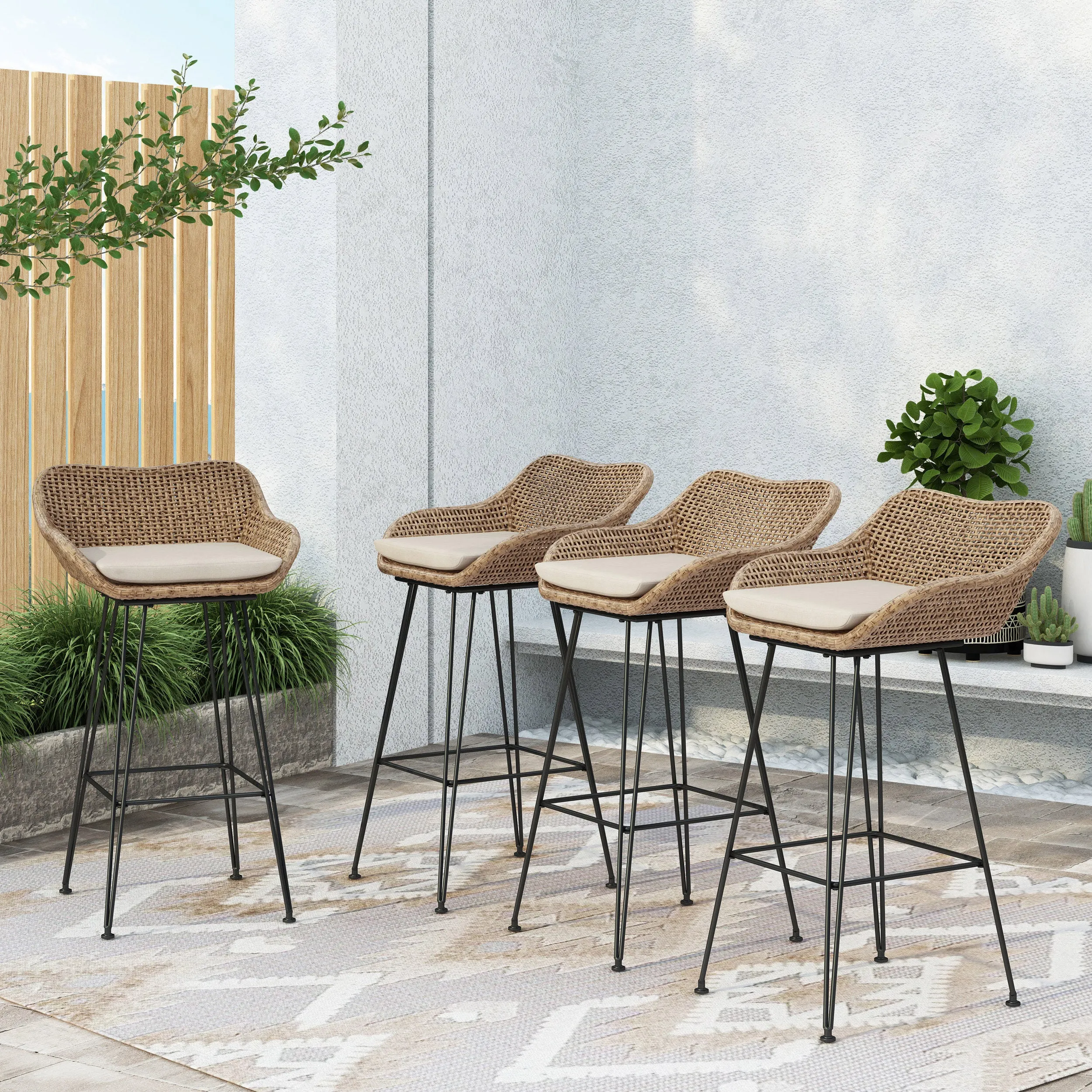 Pondway Outdoor Wicker and Iron Barstools with Cushion, Set of 4