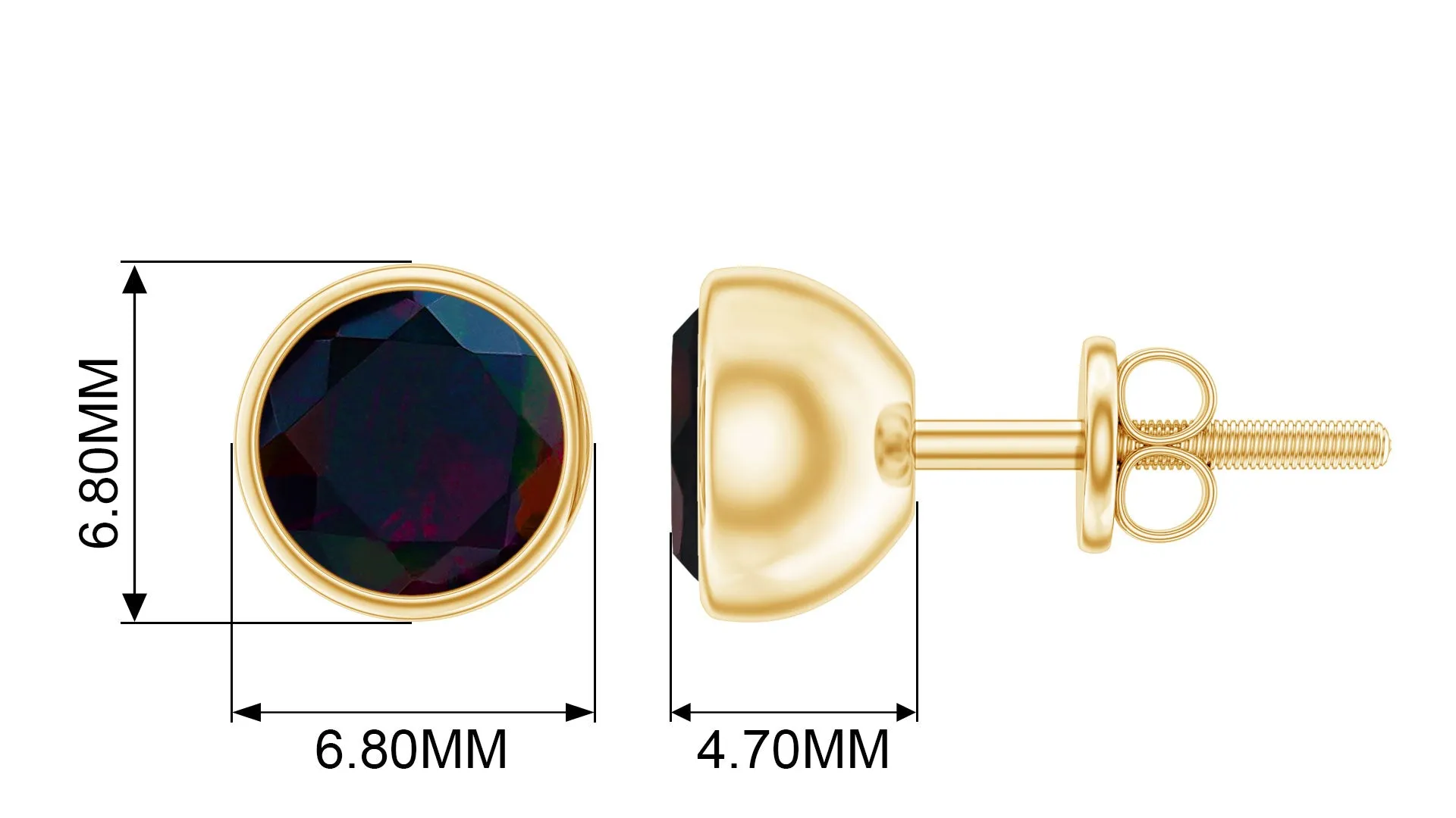 Round Black Opal Solitaire Stud Earrings in Bezel Setting