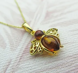 Solid 925 Sterling Silver Gold Plated Real Genuine Cognac Amber Lucky Bee Pendant Necklace