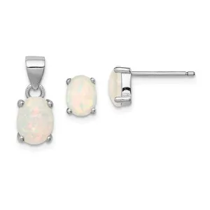 Sterling Silver Created Oval Opal Pendant & Earrings Set