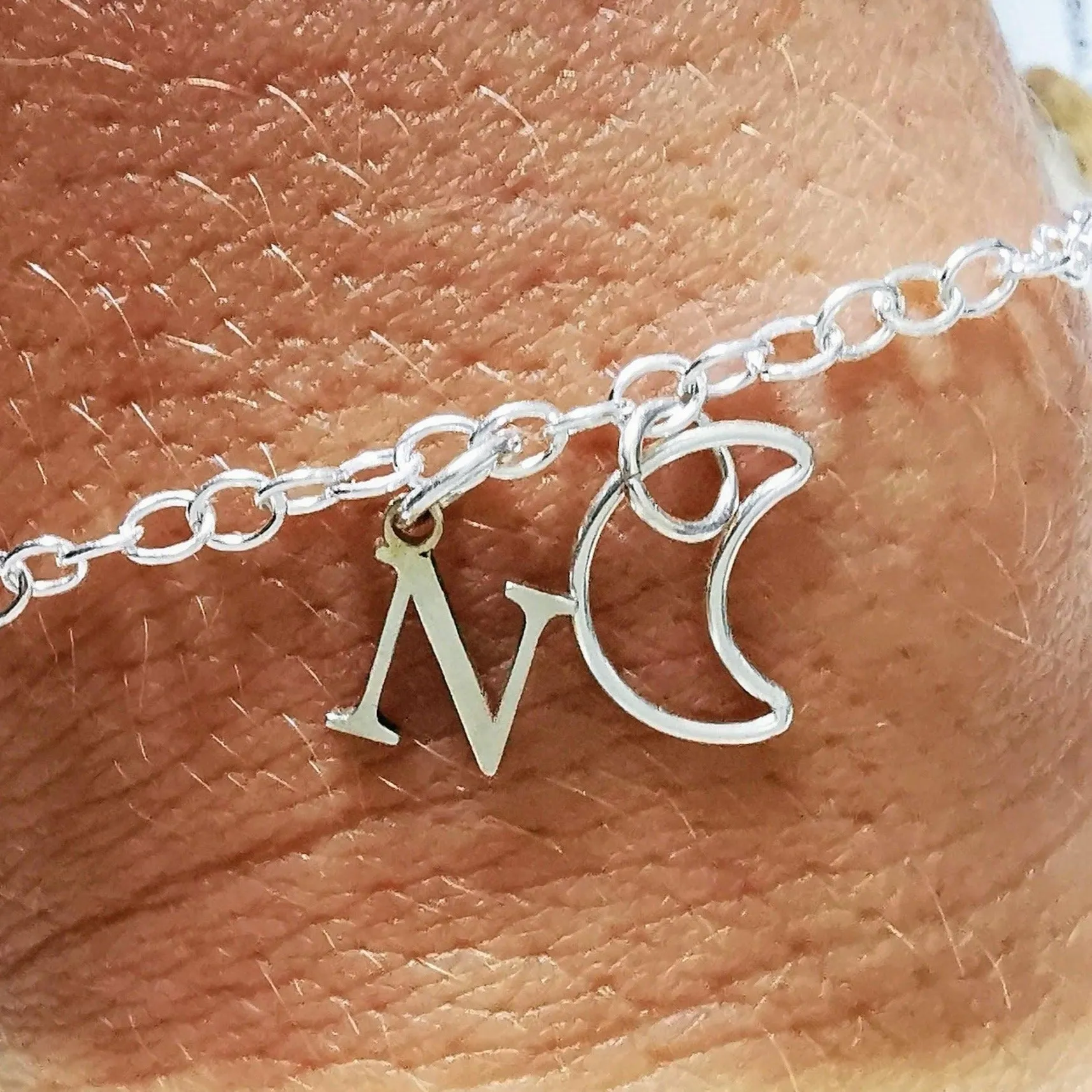 Sterling Silver Crescent Moon and Initial Bracelet