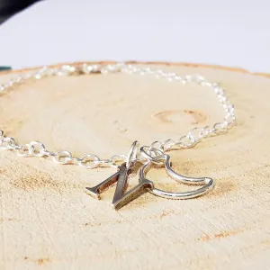 Sterling Silver Crescent Moon and Initial Bracelet