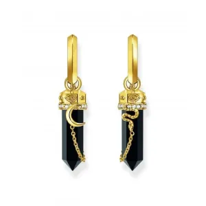 Sterling Silver Gold Plated Onyx Chain Hoop Earrings CR722-177-11