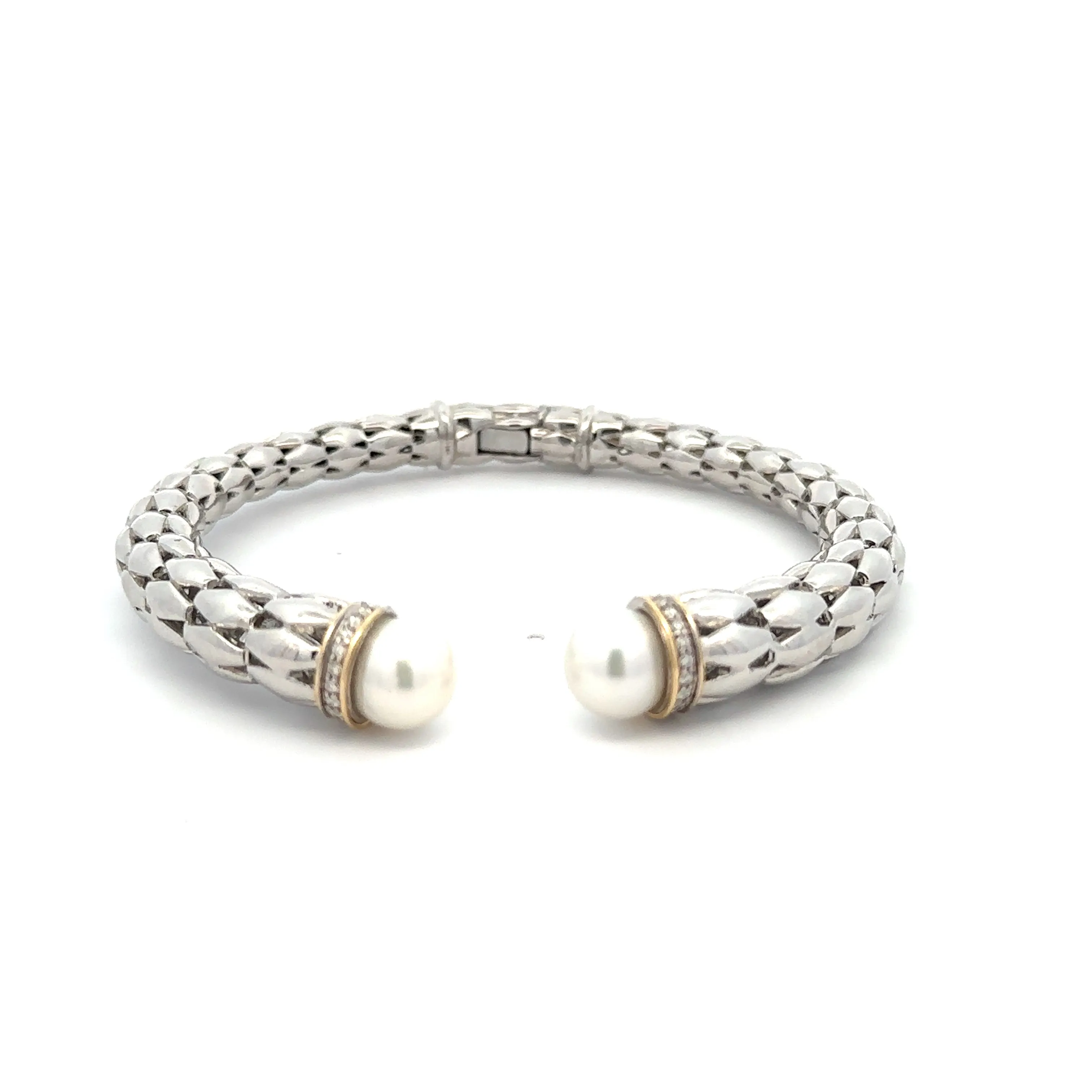Sterling Silver Hinged Pearl & Diamond Bangle