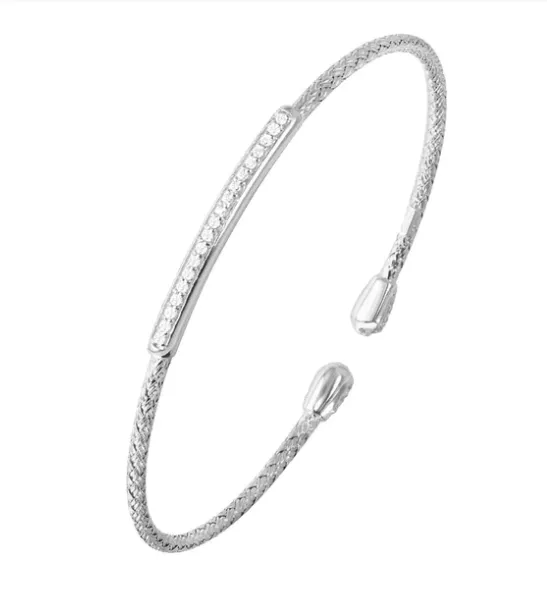 Sterling Silver Mesh Reversible CZ Bar & End Cap Flex Cuff (SI5320)