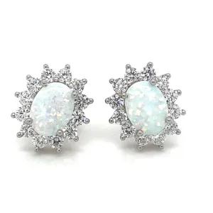 Sterling Silver Opal Cz Halo Earrings
