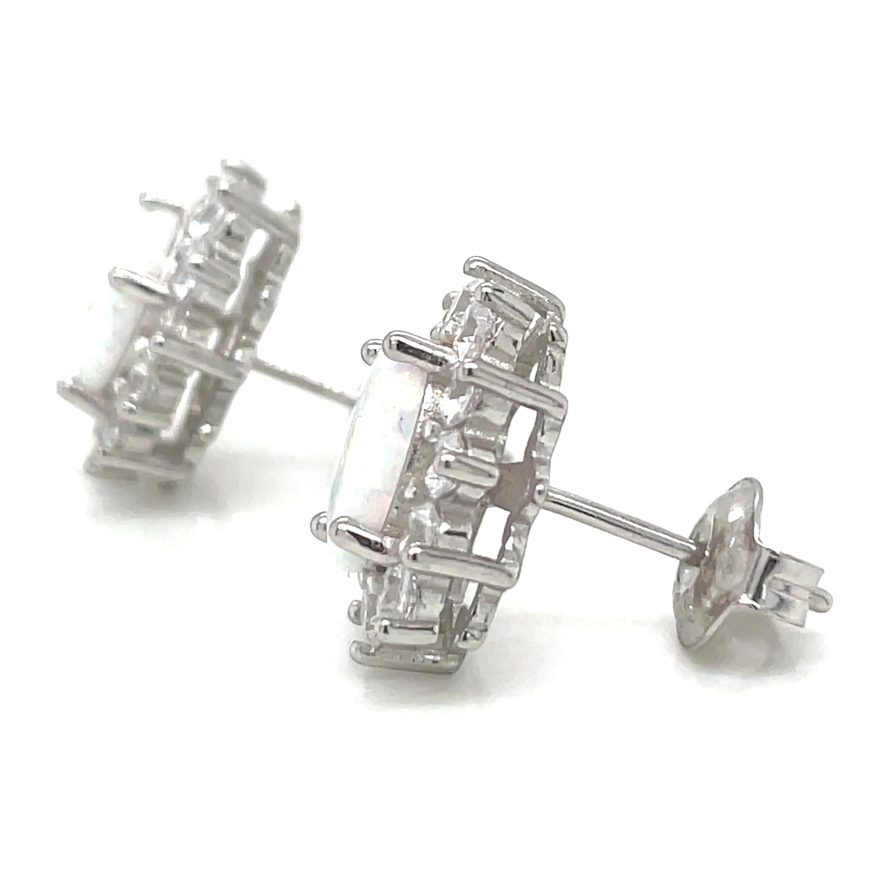 Sterling Silver Opal Cz Halo Earrings