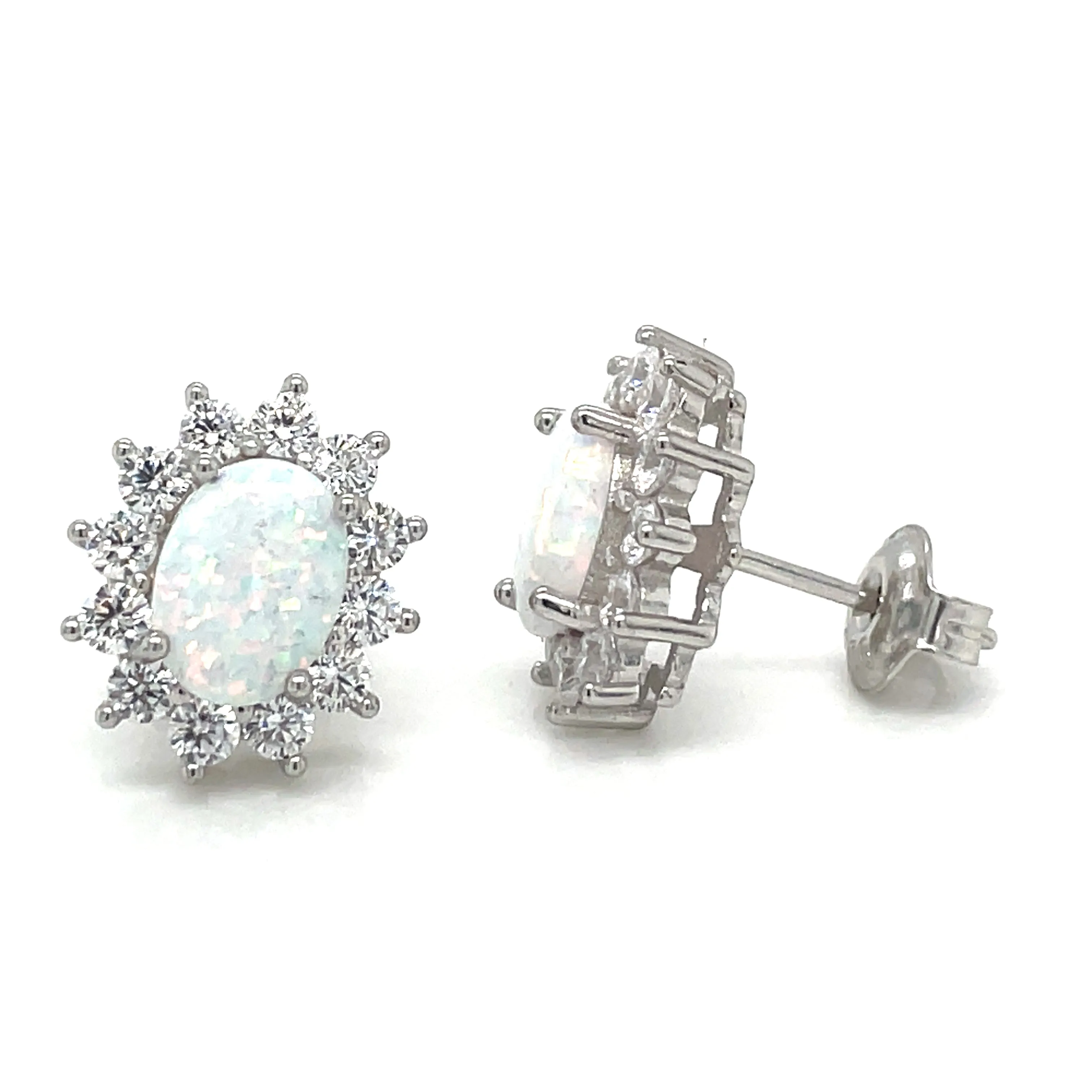 Sterling Silver Opal Cz Halo Earrings