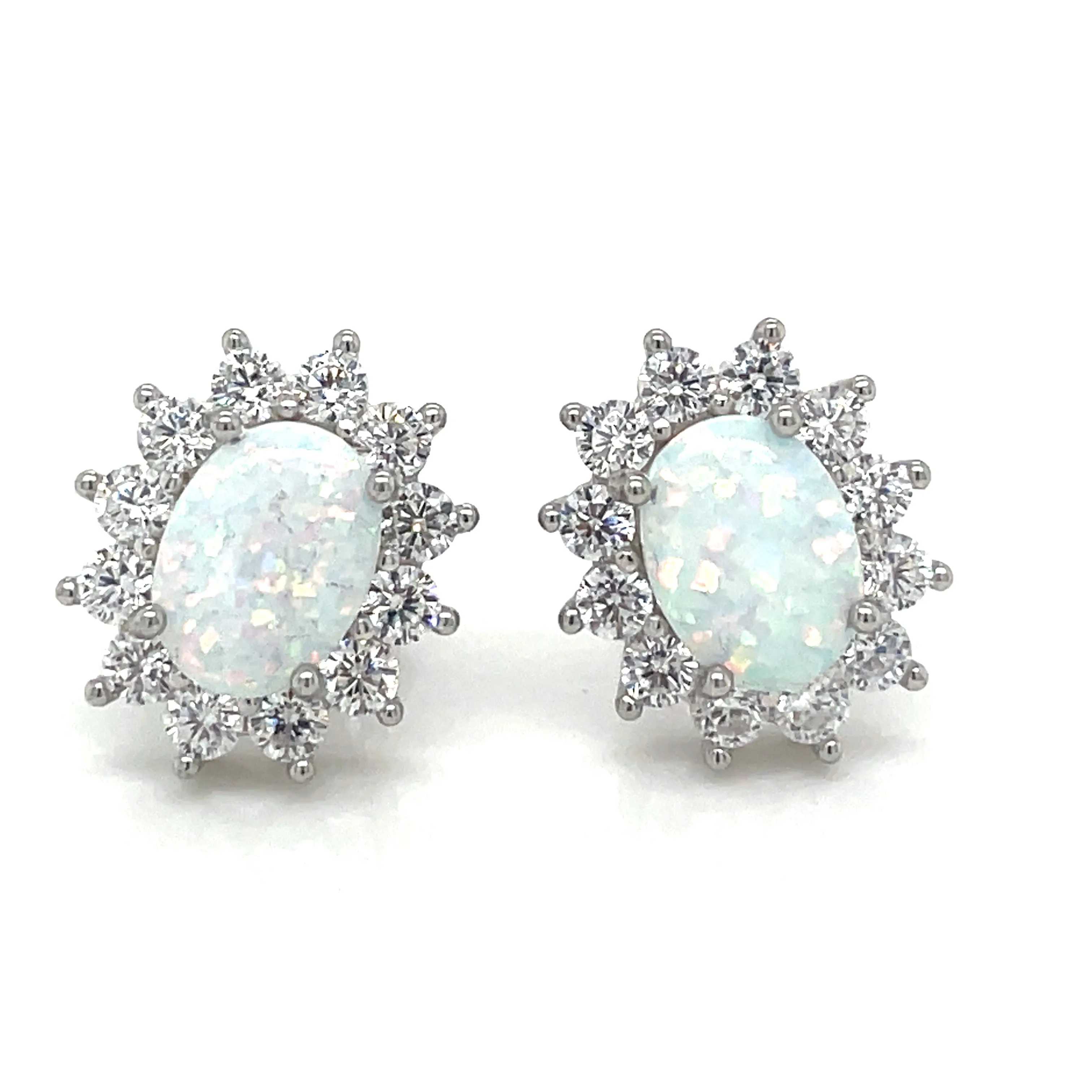 Sterling Silver Opal Cz Halo Earrings