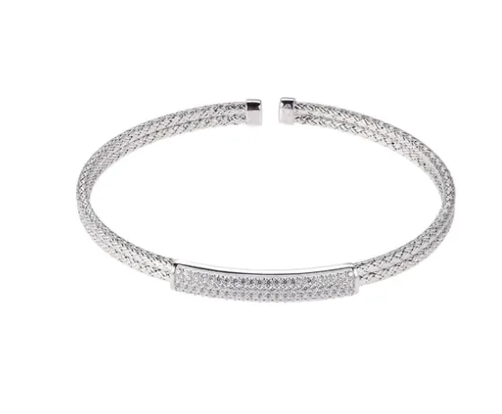 Sterling Silver Pave CZ Bar Double Mesh Flex Cuff Bracelet (SI5298)