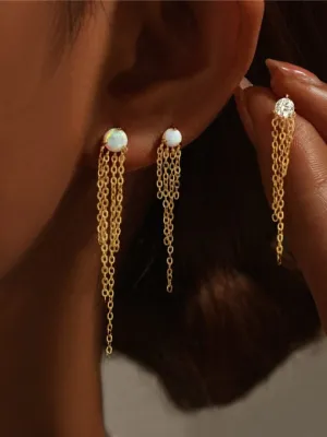 Tassel Chain Stud Earrings 925 Sterling Silver opal and cubic zirconia dangle (3) Three Piece Mismatched Earrings Set