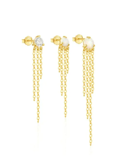 Tassel Chain Stud Earrings 925 Sterling Silver opal and cubic zirconia dangle (3) Three Piece Mismatched Earrings Set