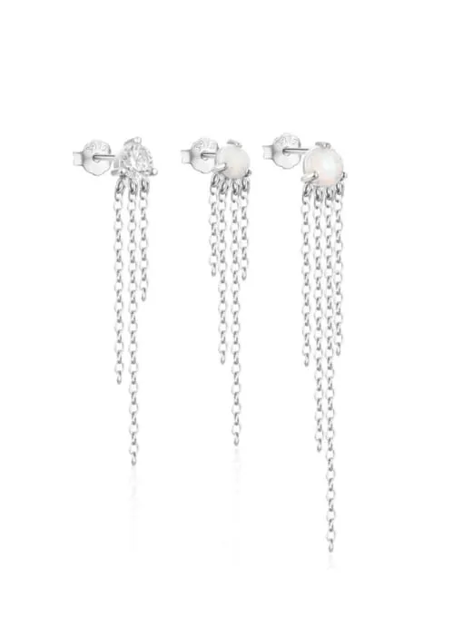 Tassel Chain Stud Earrings 925 Sterling Silver opal and cubic zirconia dangle (3) Three Piece Mismatched Earrings Set