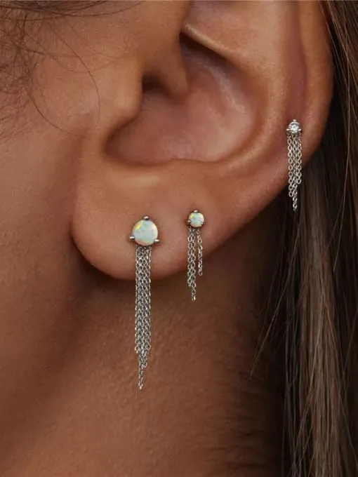 Tassel Chain Stud Earrings 925 Sterling Silver opal and cubic zirconia dangle (3) Three Piece Mismatched Earrings Set