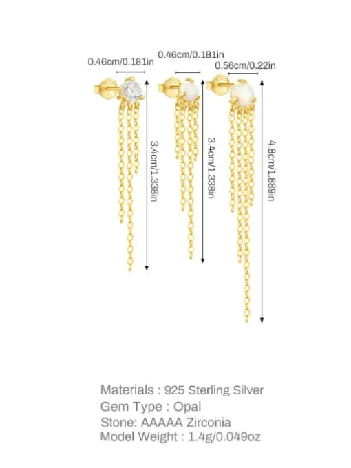 Tassel Chain Stud Earrings 925 Sterling Silver opal and cubic zirconia dangle (3) Three Piece Mismatched Earrings Set