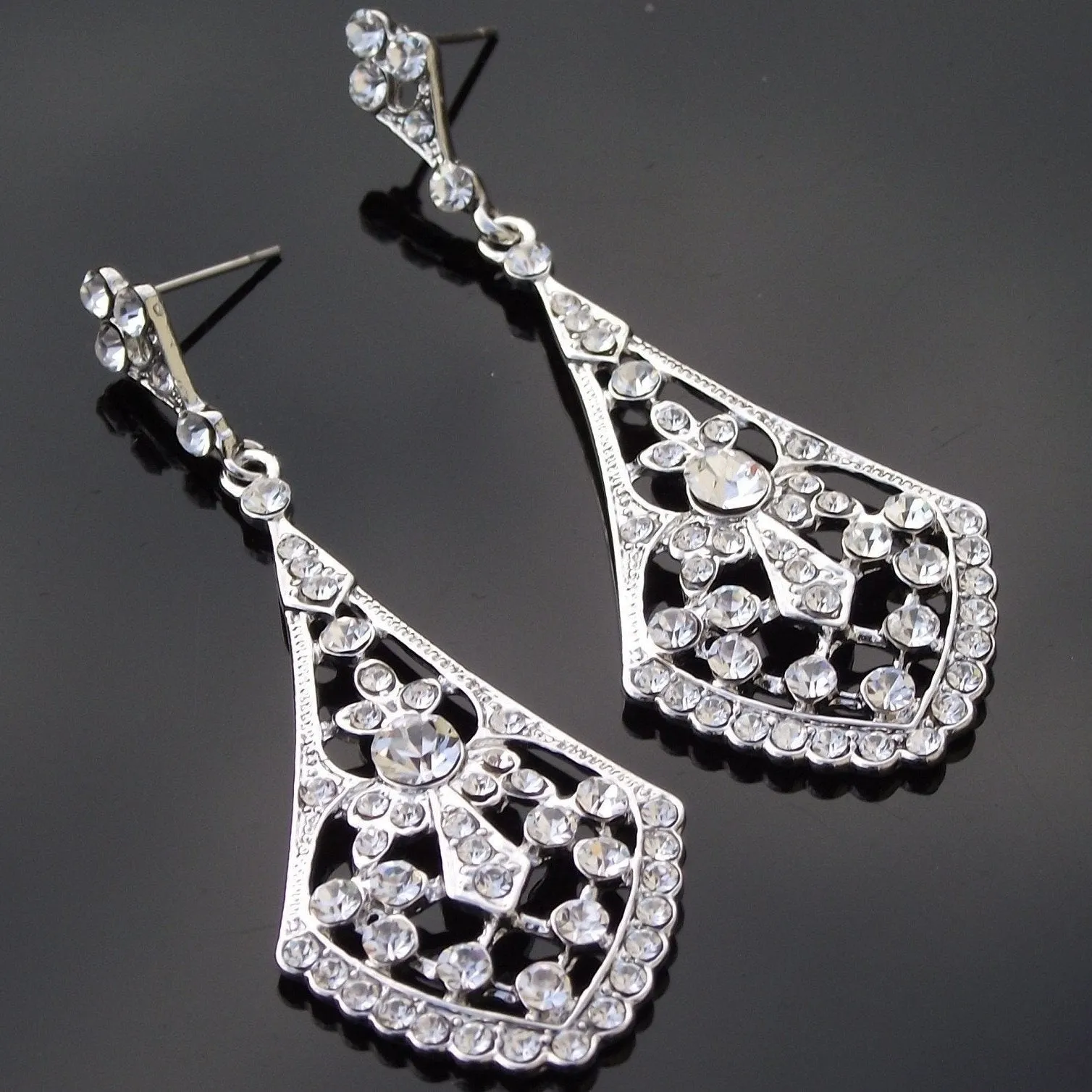 Tulip, Crystal Silver Art Deco Vintage Style Earrings