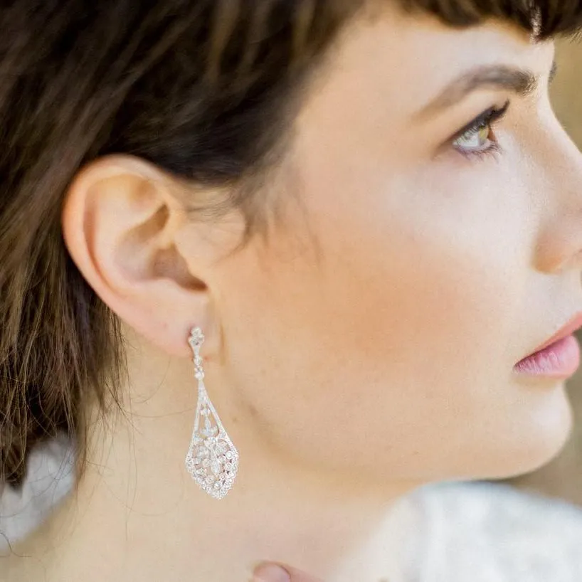 Tulip, Crystal Silver Art Deco Vintage Style Earrings