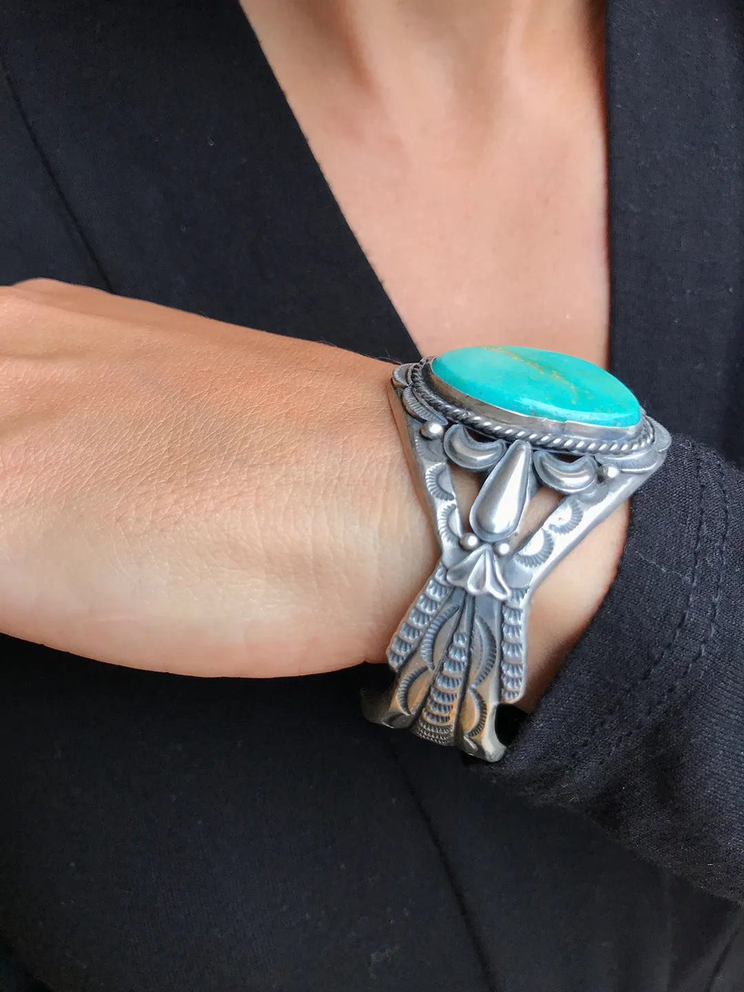 Turquoise & Sandcast Sterling Silver Bracelet
